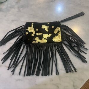 L&B Black and Gold Cow Hide Cow Print Artistic Fringe Wristlet